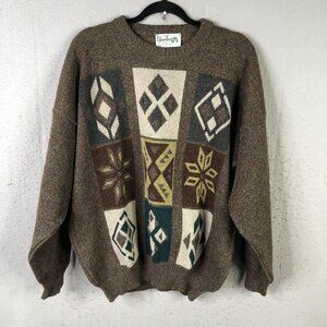 Vintage Glenbarra Sweater Crewneck Mens Large Brown Wool Geometric Ireland 90s